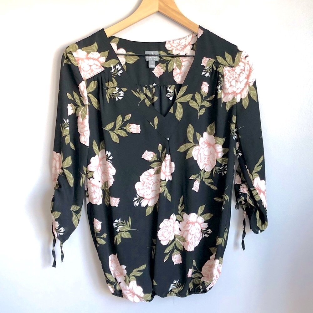 New Soho New York and Company Floral Print Black Chiffon Blouse Top XS